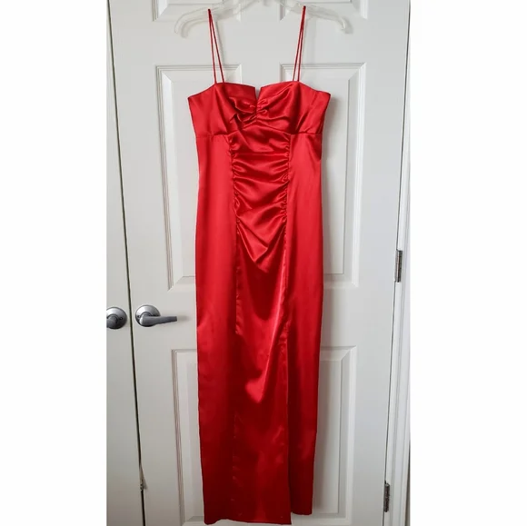 strapless open back dress Simple A Line Backless Red Satin Long Prom Dresses with High Slit, Lon –  jbydress main image 1